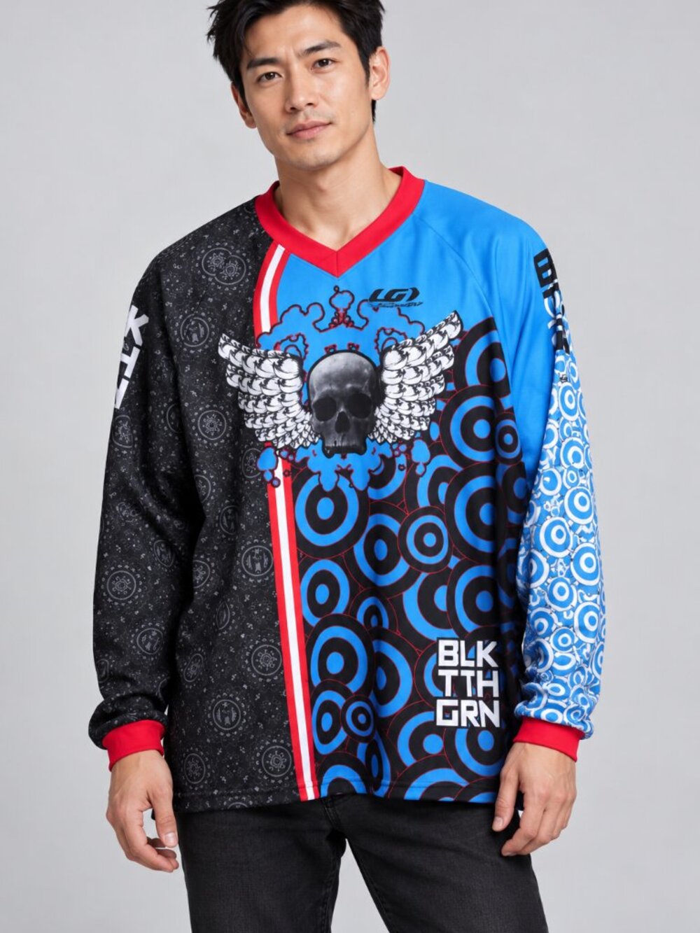 Men’s Louis Garneau Long-Sleeve Cycling Jersey Blue Black Skull Graphic XXL